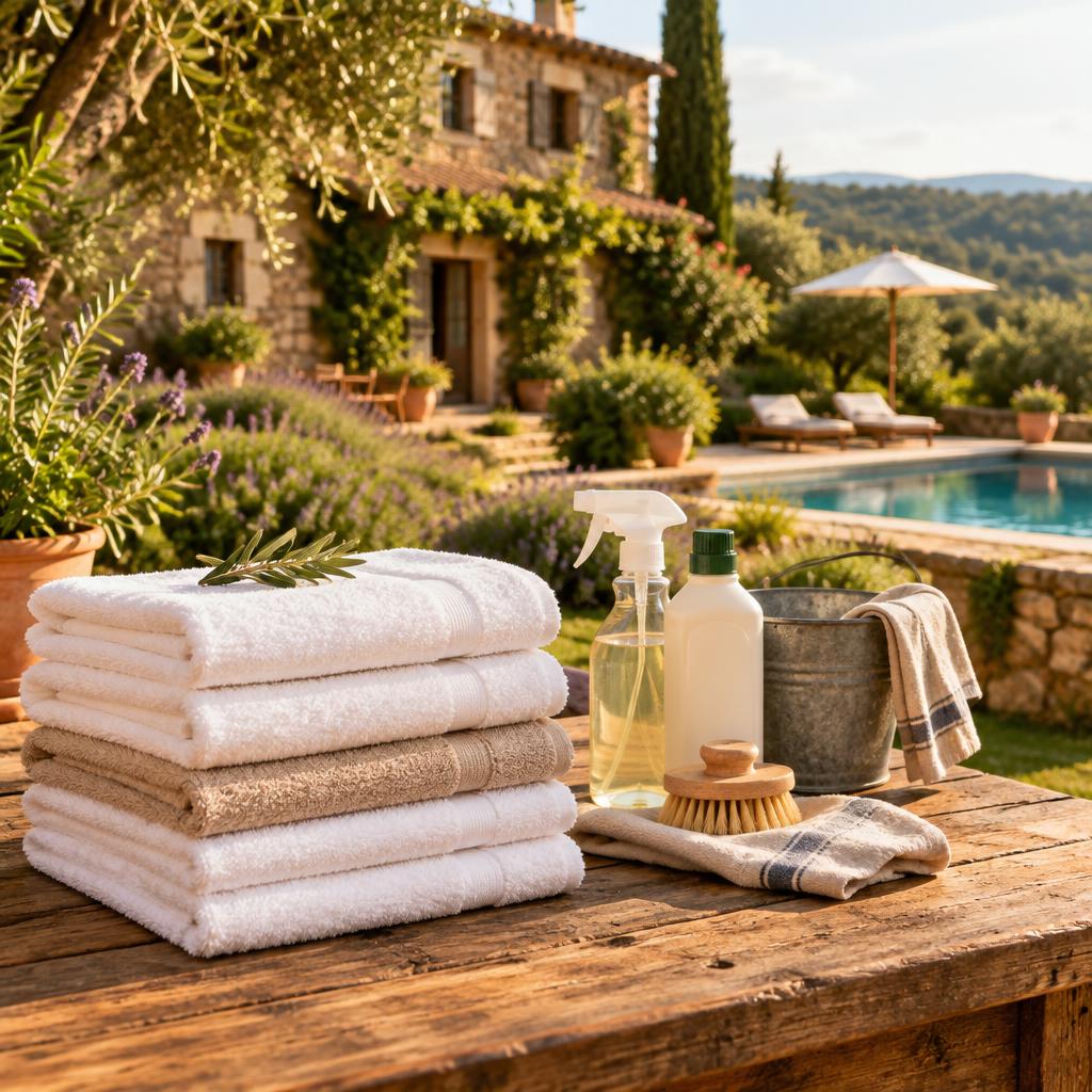 Material de neteja preparat davant d'una casa rural amb piscina